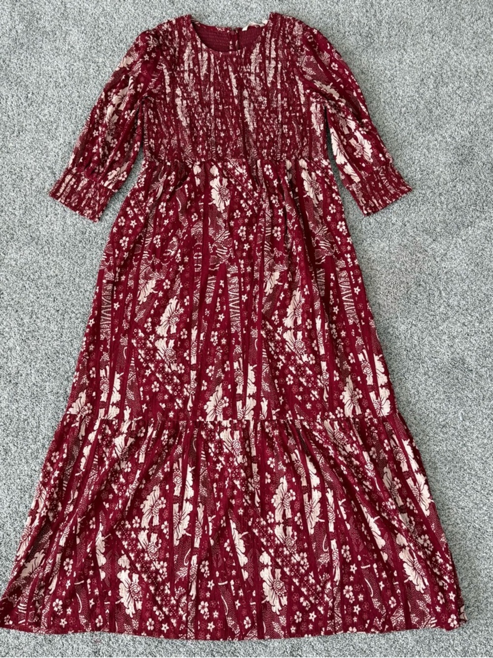 Soft Surroundings Red Floral Maxi Smocked Long Dress Batik Cottage Women’s US 10
